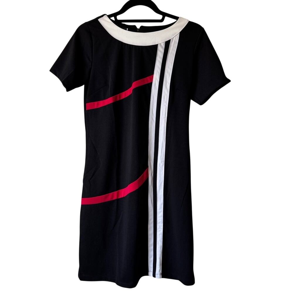Mango Black White Red Sleeveless Shift Dress Mini Womens M Mod Retro Classic